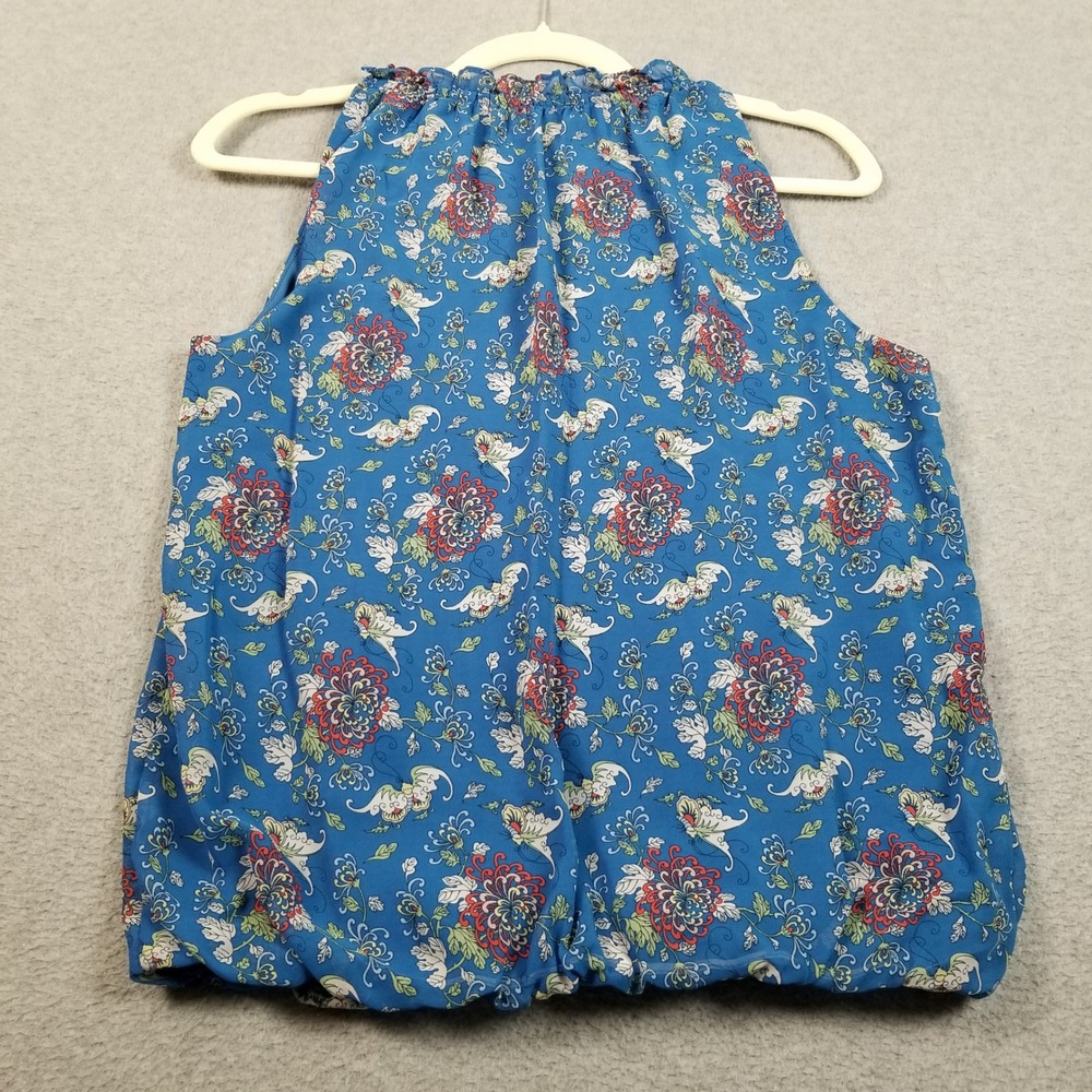 Max Studio Blouse Womens M Medium Blue Floral Tie Neck Sleeveless Bubble Hem Top - Picture 4 of 9
